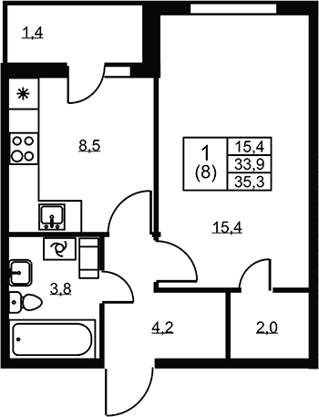 Планировка: 1-комнатная квартира 33,9 м² в ЖК «Ермак»