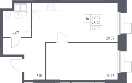 Планировка: Евродвушка 48,5 м² в ЖК «Тропарево Парк»