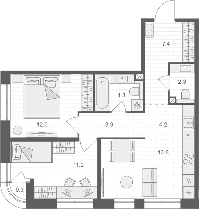 Планировка: Евротрёшка 59,1 м² в ЖК «АРТЕЛЬ»