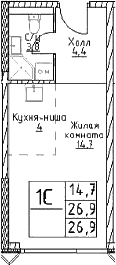 Планировка: Студия 26,9 м² в ЖК «Наметкин Тауэр»