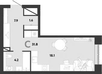 Планировка: Студия 31,8 м² в ЖК «Страна.Заречная»