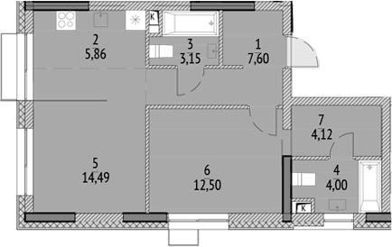 Планировка: Евродвушка 51,7 м² в ЖК «N'ICE LOFT»