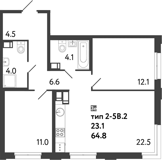 Планировка: Евротрёшка 64,8 м² в ЖК «Струны»