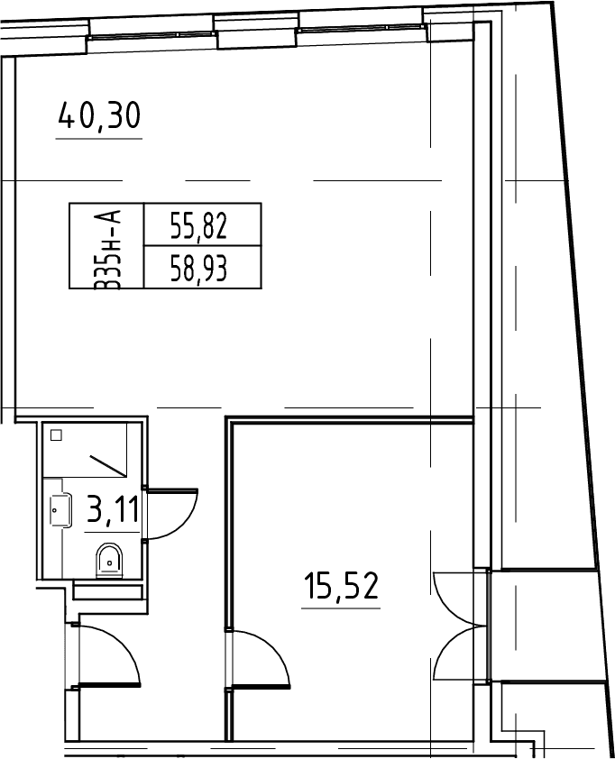 Планировка: Евродвушка 58,9 м² в ЖК «ЙЕС Лидер»