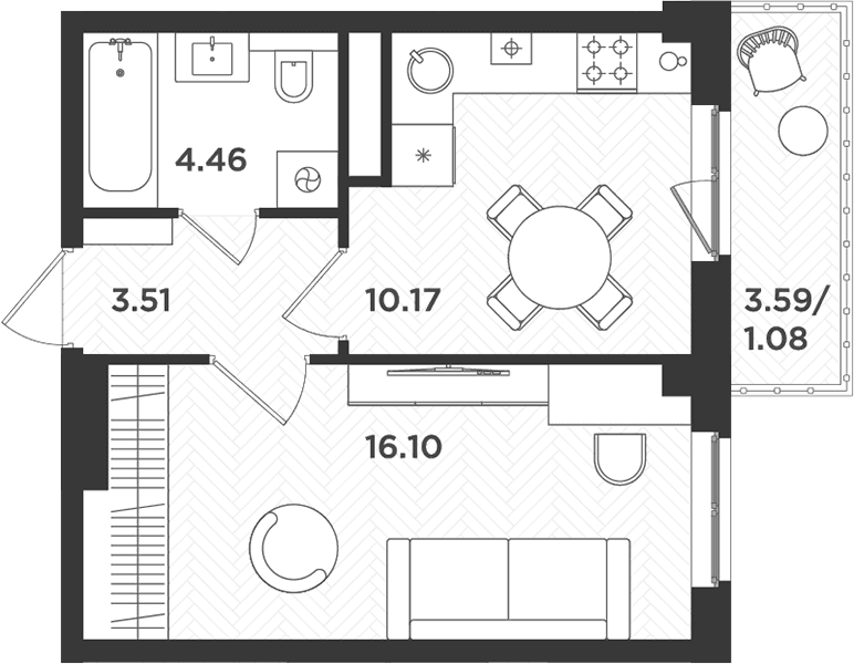 Планировка: 1-комнатная квартира 34,2 м² в ЖК «Новокасимово»