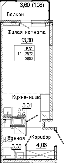Планировка: Студия 25,7 м² в ЖК «Аквилон Янино»
