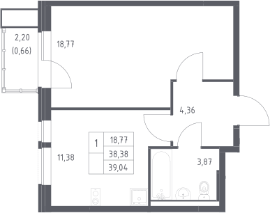 Планировка: 1-комнатная квартира 38,4 м² в ЖК «Квартал Авиаторов»