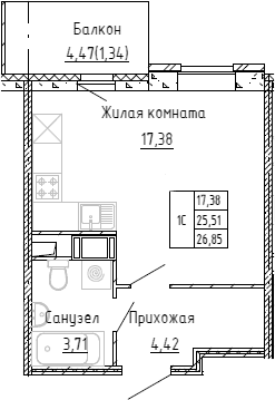 Планировка: Студия 25,5 м² в ЖК «Аквилон Stories»