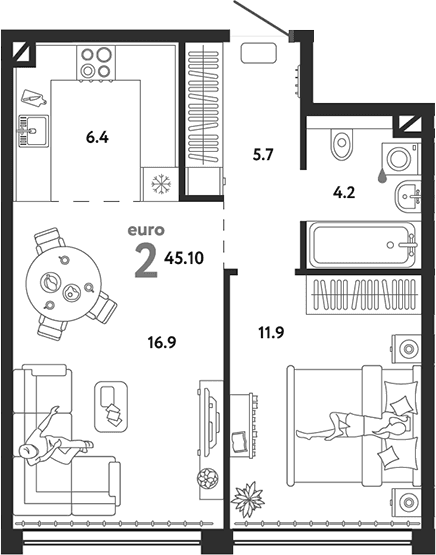Планировка: Евродвушка 45,1 м² в ЖК «Страна.Озерная»