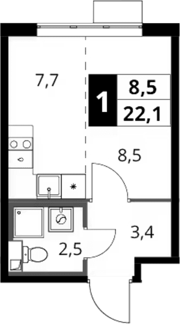 Планировка: Студия 22,1 м² в ЖК «1-й Шереметьевский»