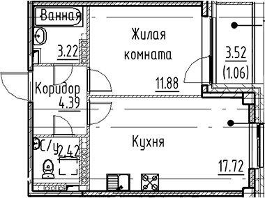 Планировка: Евродвушка 39,6 м² в ЖК «Кронфорт»