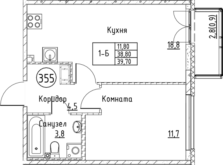 Планировка: Евродвушка 38,8 м² в ЖК «Кронунг Юг»