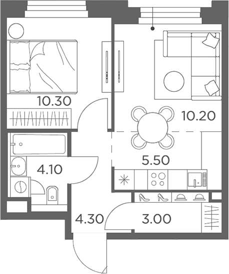Планировка: Евродвушка 37,4 м² в ЖК «Белый Град»