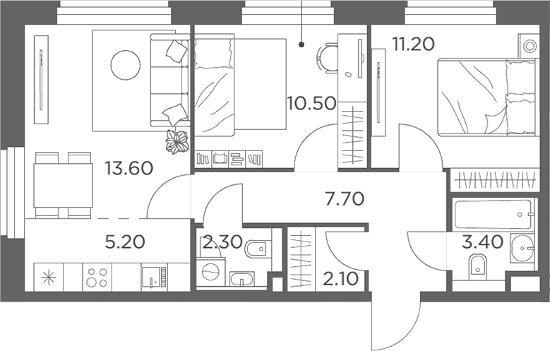 Планировка: Евротрёшка 56 м² в ЖК «Белый Град»