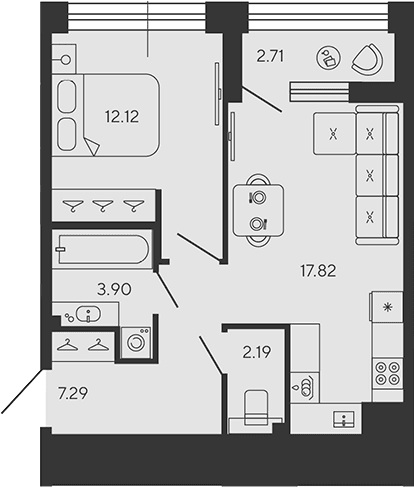 Планировка: Евродвушка 43,3 м² в ЖК «BASHNI ELEMENT»