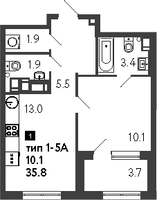 Планировка: 1-комнатная квартира 35,8 м² в ЖК «Струны»