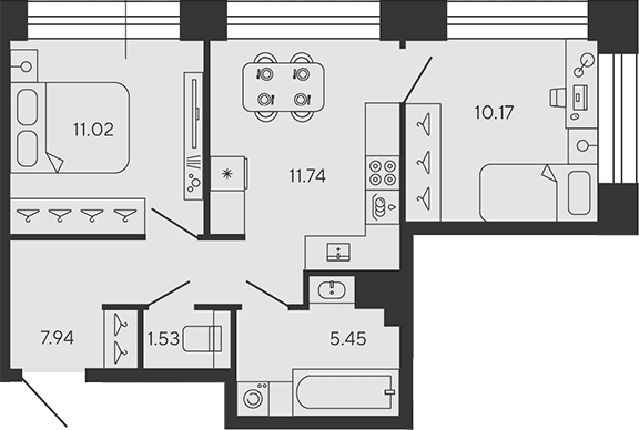 Планировка: 2-комнатная квартира 47,9 м² в ЖК «BASHNI ELEMENT»