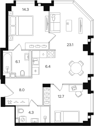Планировка: Евротрёшка 74,9 м² в ЖК «АУРА»