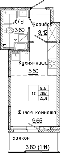 Планировка: Студия 21,9 м² в ЖК «Аквилон Янино»