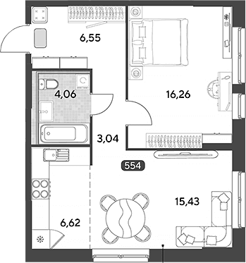 Планировка: Евродвушка 52 м² в ЖК «Космопарк»