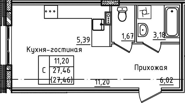Планировка: Студия 27,5 м² в ЖК «Зеленый город»