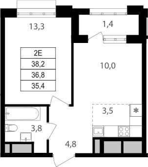 Планировка: Евродвушка 35,4 м² в ЖК «Михалковский»