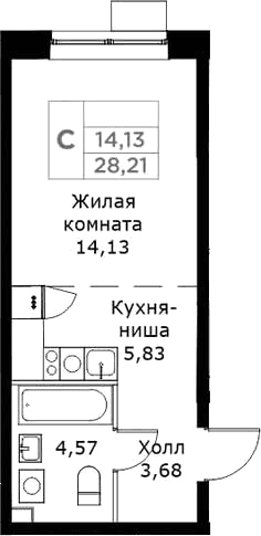 Планировка: Студия 28,2 м² в ЖК «КИТ»
