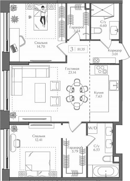 Планировка: Евротрёшка 81,4 м² в ЖК «Преображенская площадь»