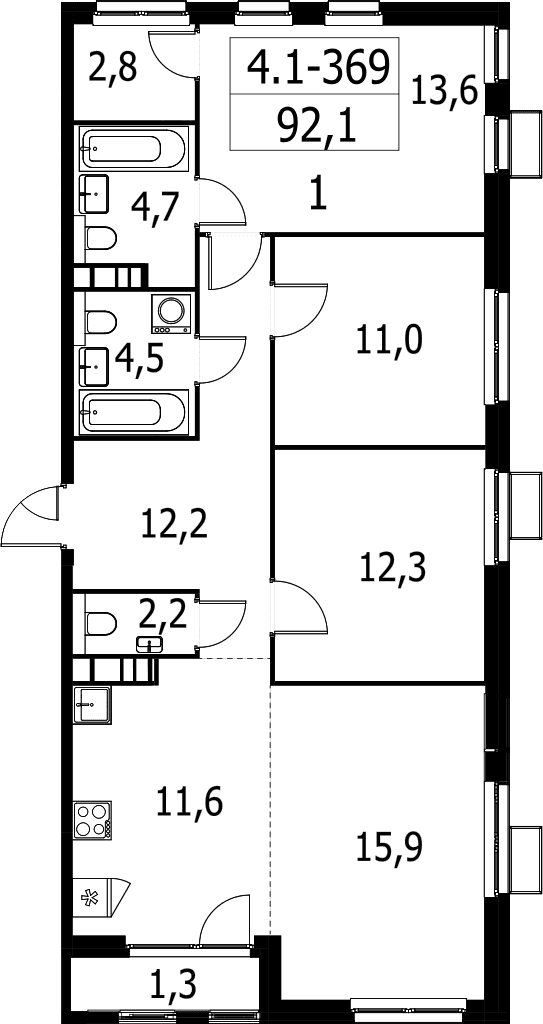 Планировка: Квартира евро-4 90,8 м² в ЖК «Южные сады»