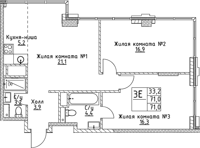Планировка: Евротрёшка 71 м² в ЖК «ВЭРИ на Миклухо-Маклая»