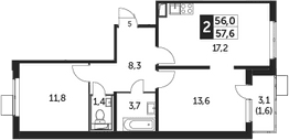 Планировка: Евротрёшка 56 м² в ЖК «Южная Битца»