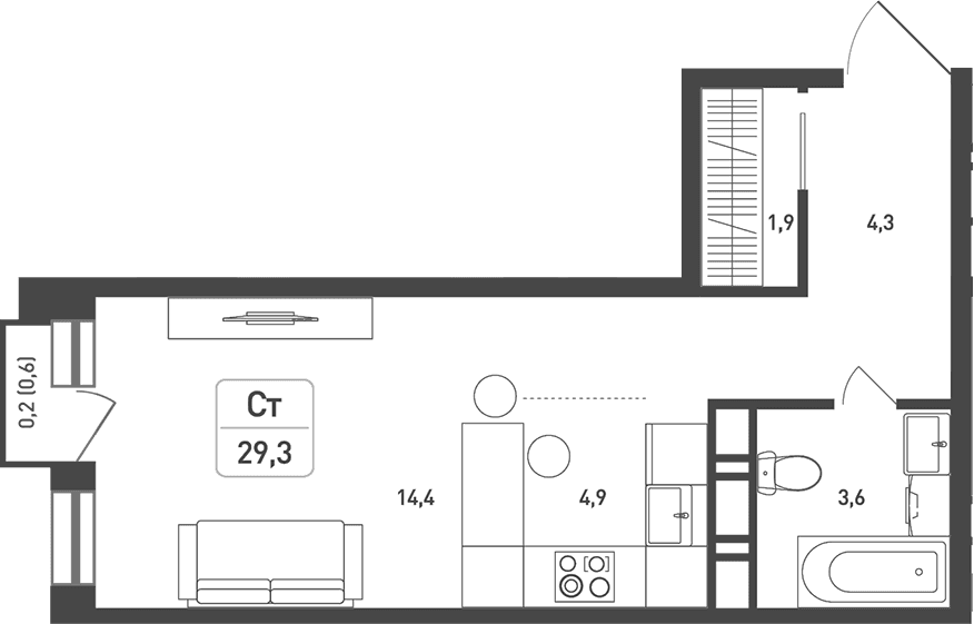 Планировка: Студия 29,1 м² в ЖК «Новая Щербинка»
