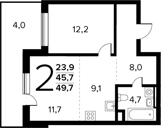 Планировка: Евродвушка 45,7 м² в ЖК «Новые Ватутинки Квартал у реки»