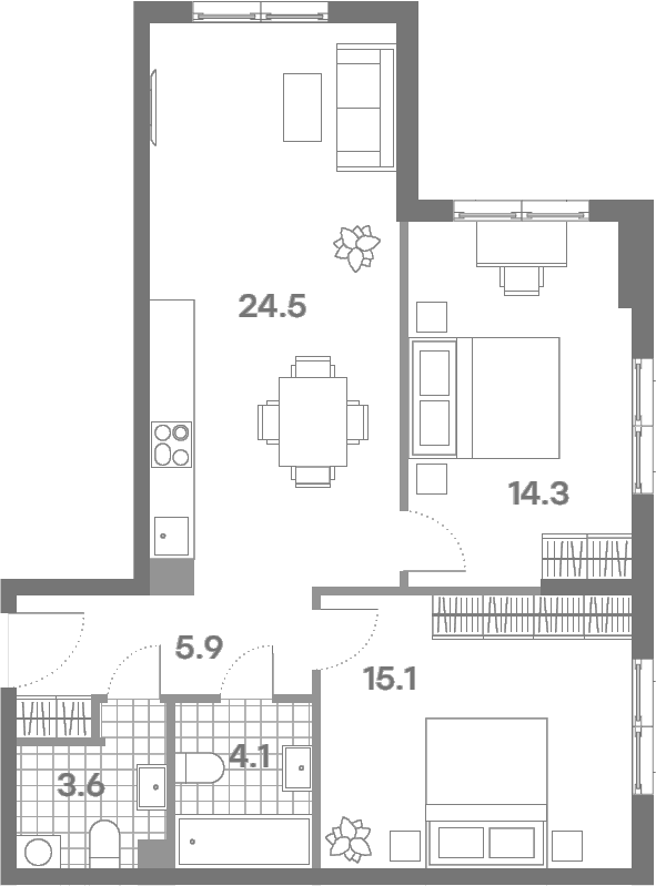 Планировка: Евротрёшка 67,5 м² в ЖК «ПаркСайд»