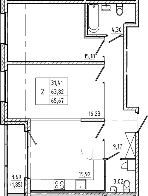 Планировка: 2-комнатная квартира 63,8 м² в ЖК «Регенбоген»