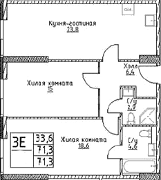 Планировка: Евротрёшка 71,3 м² в ЖК «Наметкин Тауэр»