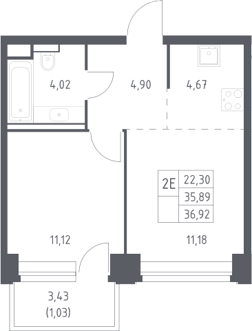 Планировка: Евродвушка 35,9 м² в ЖК «НОВА»