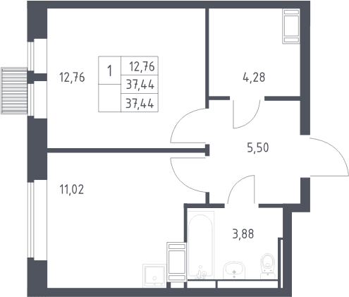 Планировка: 1-комнатная квартира 37,4 м² в ЖК «Большое Путилково»