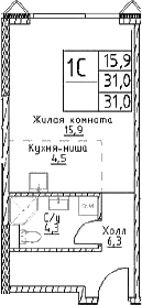 Планировка: Студия 31 м² в ЖК «Наметкин Тауэр»
