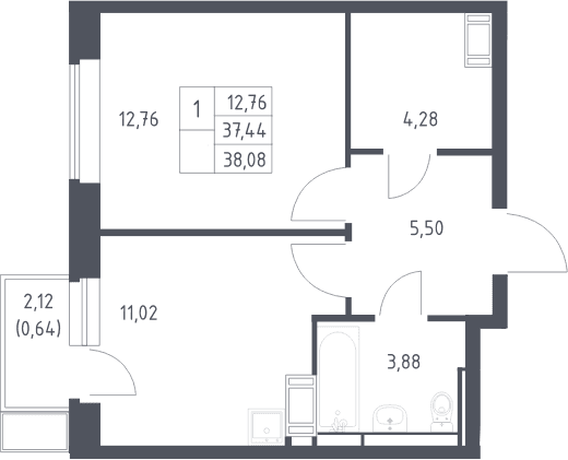 Планировка: 1-комнатная квартира 37,4 м² в ЖК «Большое Путилково»