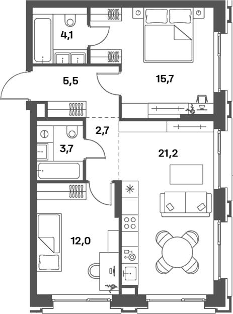 Планировка: Евротрёшка 64,9 м² в ЖК «Портленд»