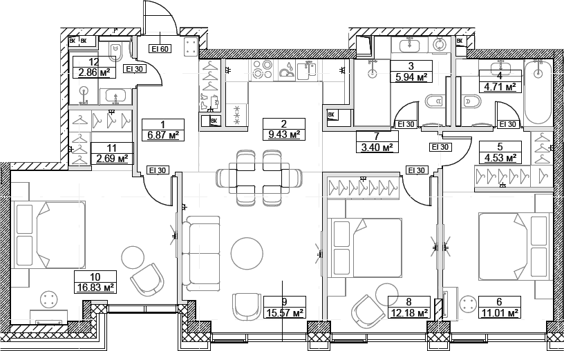 Планировка: Квартира евро-4 96 м² в ЖК «Сити Бэй»