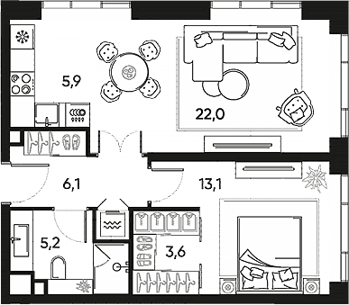 Планировка: Евродвушка 55,9 м² в ЖК «ПРАЙД»
