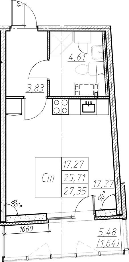 Планировка: Студия 25,7 м² в ЖК «Левитан»