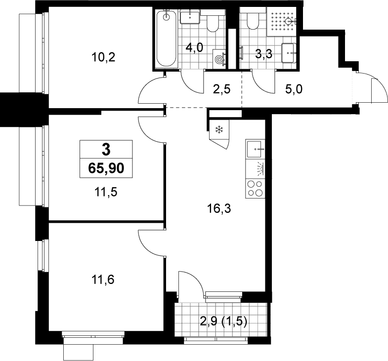 Планировка: 3-комнатная квартира 64,4 м² в ЖК «Деснаречье»