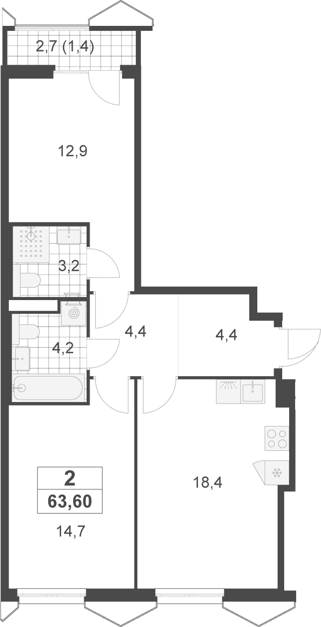 Планировка: Евротрёшка 62,2 м² в ЖК «Деснаречье»