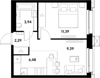 Планировка: Евродвушка 33,5 м² в ЖК «ЭВО»