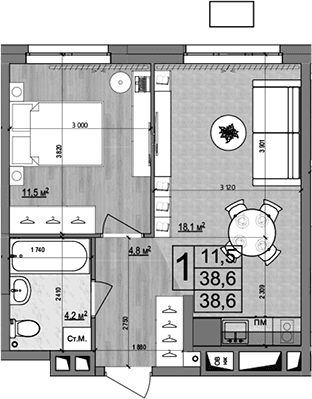 Планировка: Евродвушка 38,6 м² в ЖК «Гранд Комфорт 2»