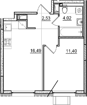 Планировка: Евродвушка 34,4 м² в ЖК «Догма Юкки 2»