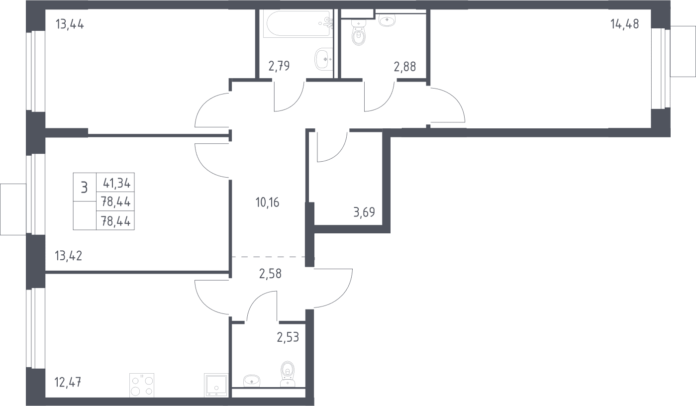 Планировка: 3-комнатная квартира 78,4 м² в ЖК «Молжаниново»